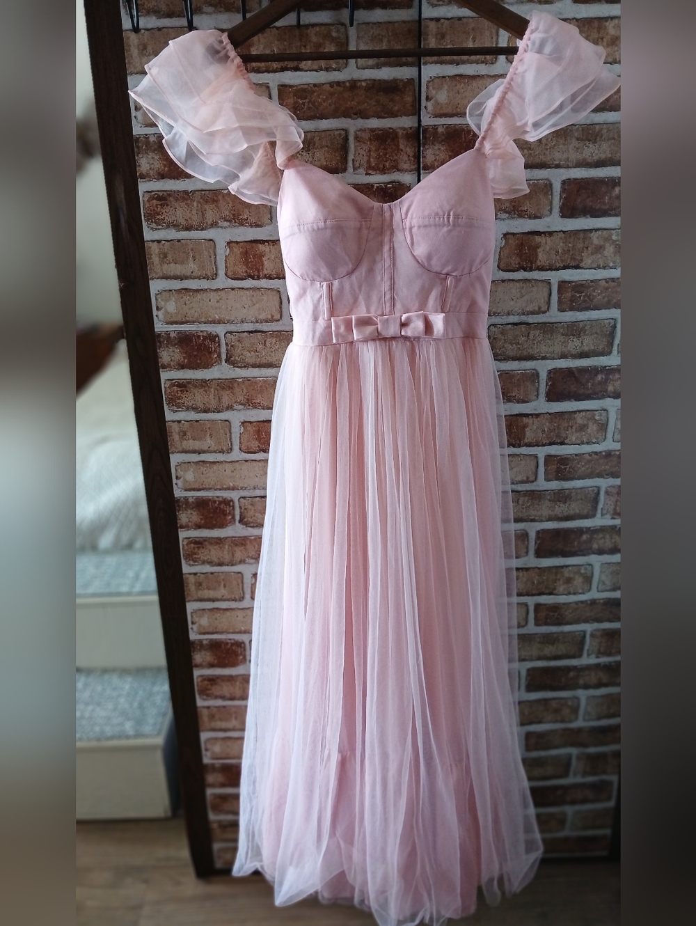 Blush PINK Tulle Midi DRESS Ruffle Bow Waist MABLE Graduation Wonen's Size M - Picture 9 of 15
